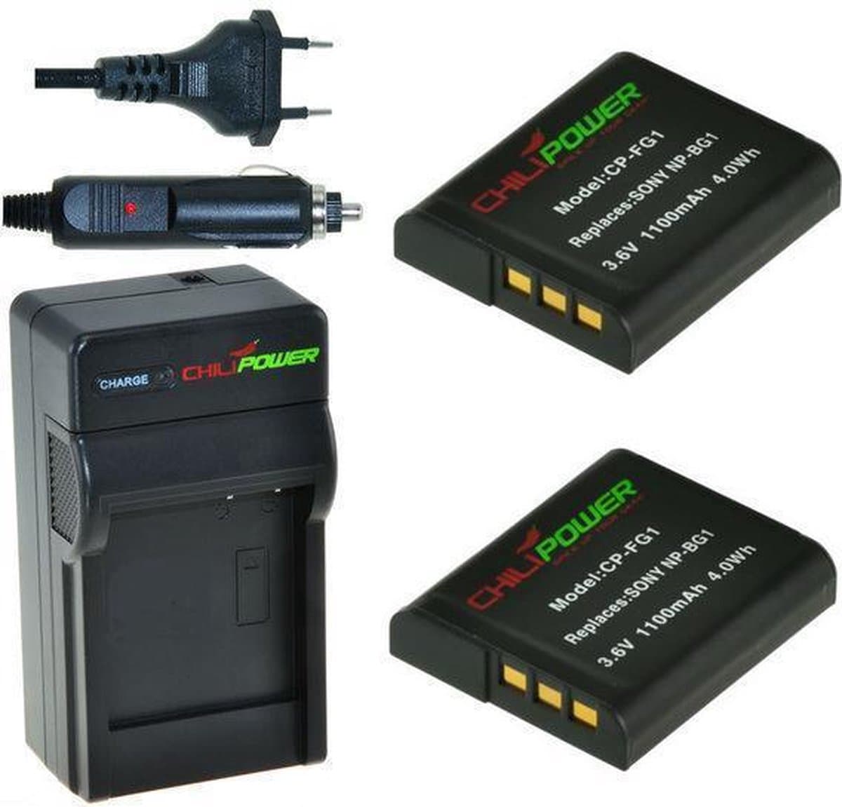 2 x NP-FG1 / NP-BG1 accu's voor Sony - inclusief oplader en autolader - Origineel ChiliPower