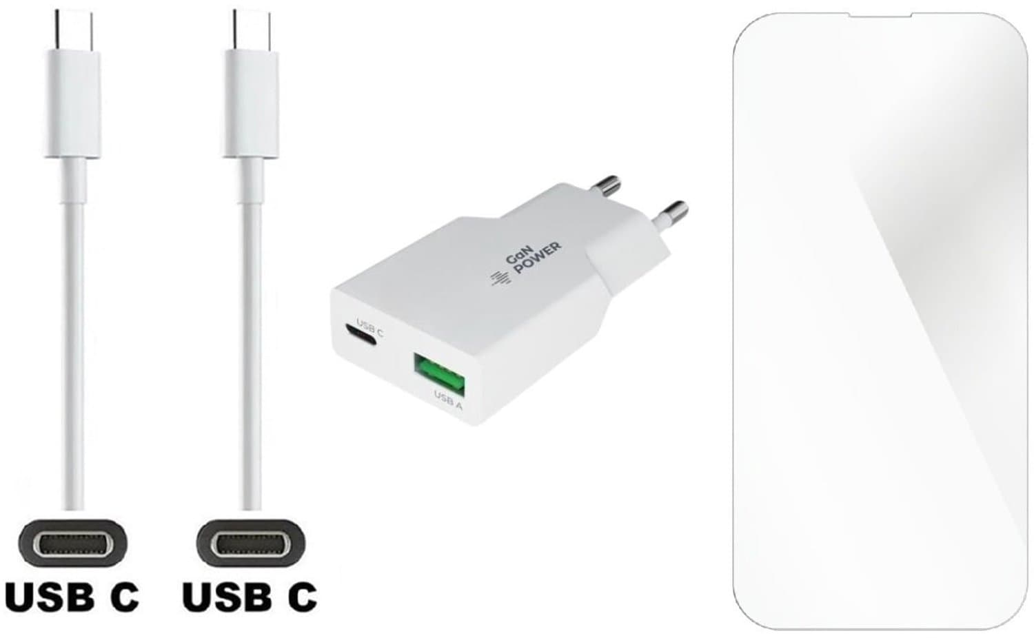 OneOne 36W super snellader met 2 poorten + 1,5m USB C naar USB C kabel en glazen screenprotector. Krachtige witte universele PD PPS lader. Compacte oplader adapter met GaN technologie. Screenprotector past op iPhone 15 Plus, iPhone 15 Pro Max