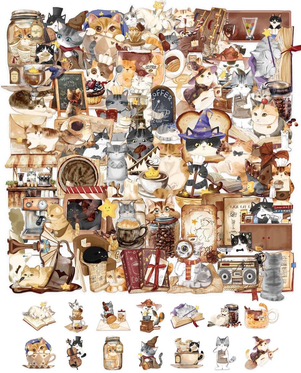 QLEUIFT 50 Stuk Magische Katzen Café Plakjes, Waterdichte Vinyl Graffiti Cartoon Katzen voor Laptop, Waterfles - ShopVlot