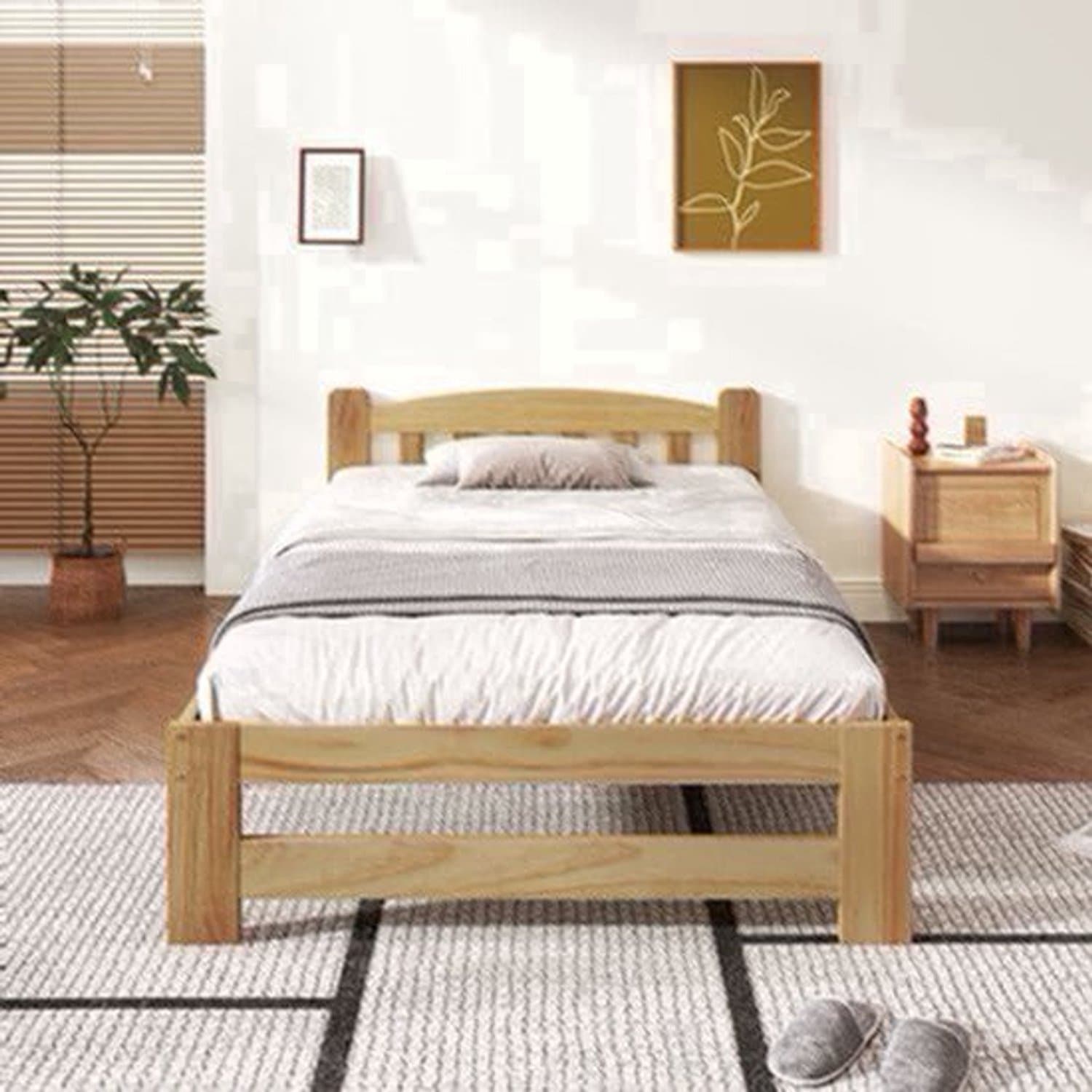 Houten Bed – Massief Houten Bed – Eenpersoonsbed – Futonbed – Natuurlijke Kleur Bed – Met Hoofdeinde – Lattenbodem – Afmeting 90x200 cm