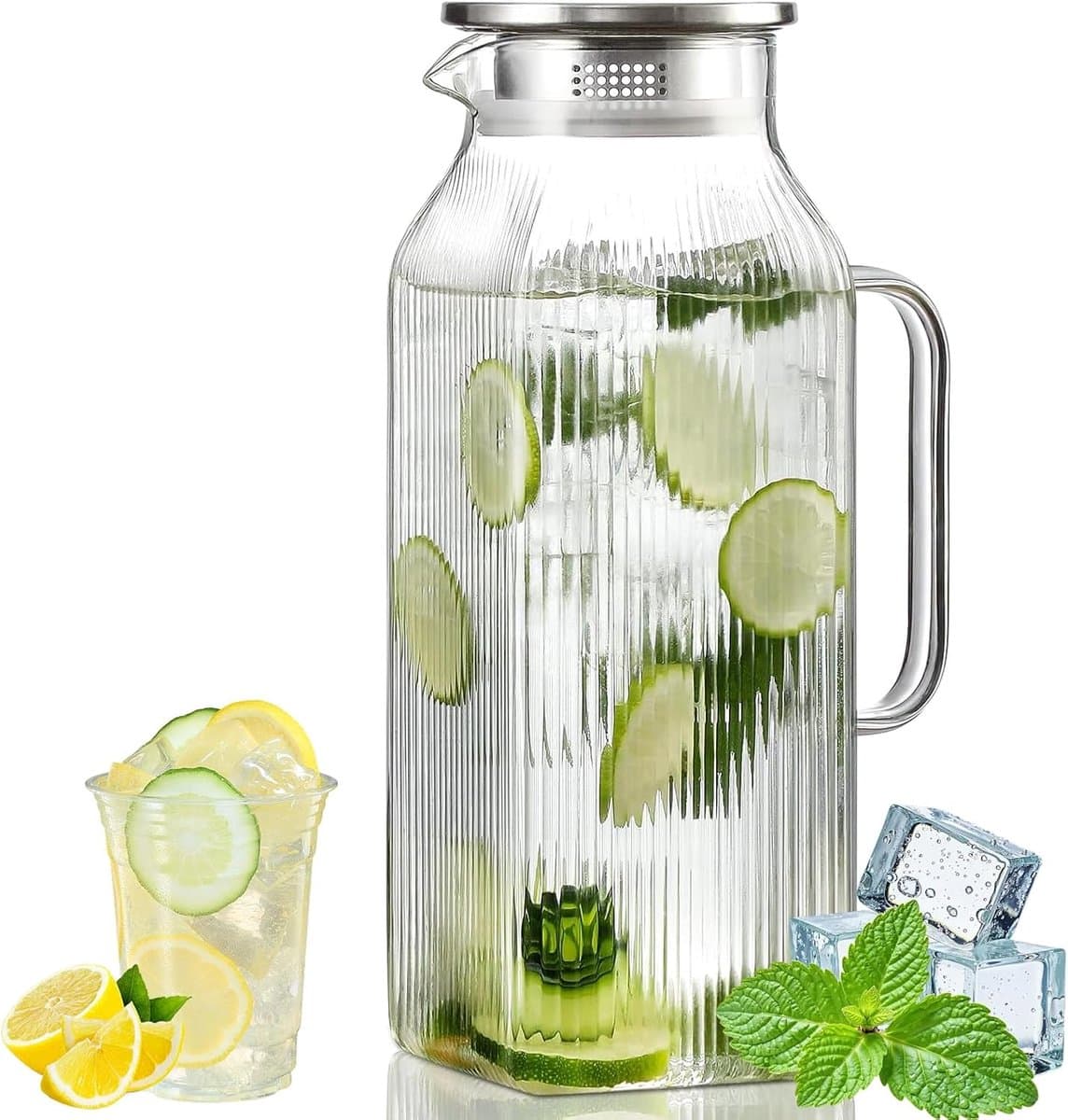 Karaf 2 liter met roestvrijstalen deksel, vierkante waterkan met handvat, geschikt voor de koelkast voor koude en warme dranken (geribbeld design)