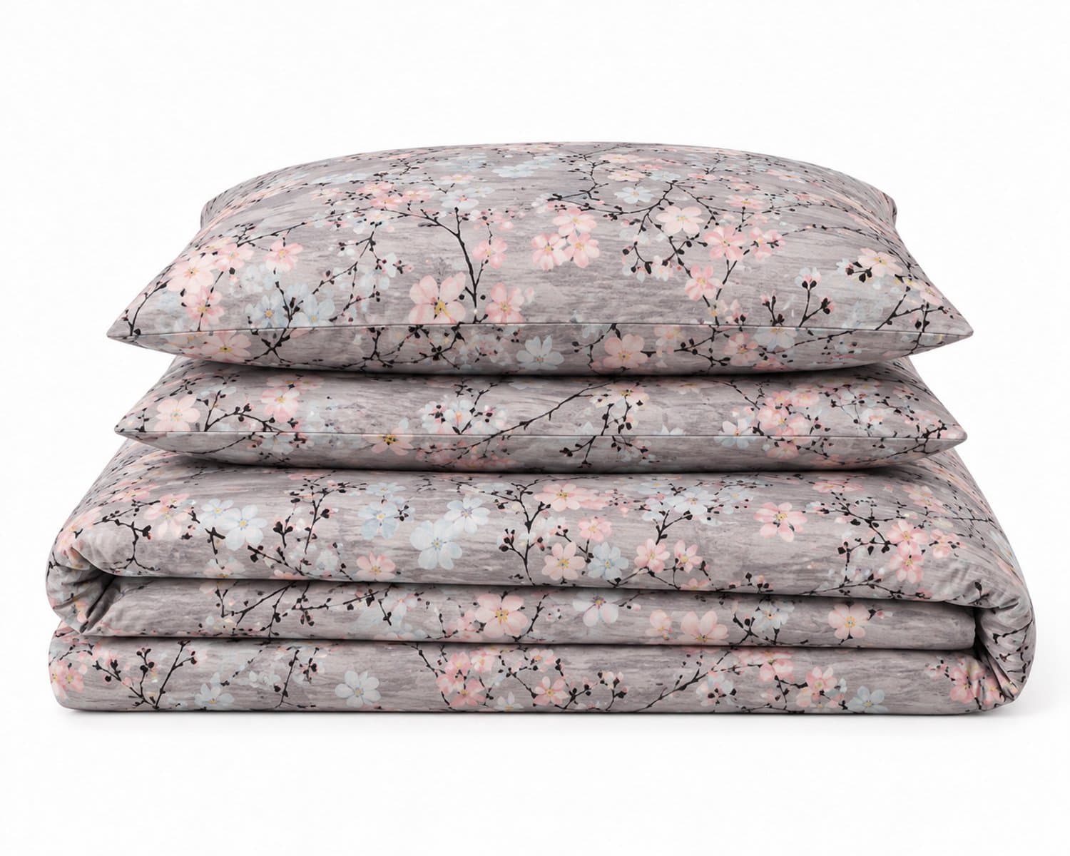 LALIVA Sakura Tweepersoons Dekbedovertrekset – 200 x 220 cm – Bloemen & Takken – Grijs/Roze – 100% Katoen – 2 Kussenslopen