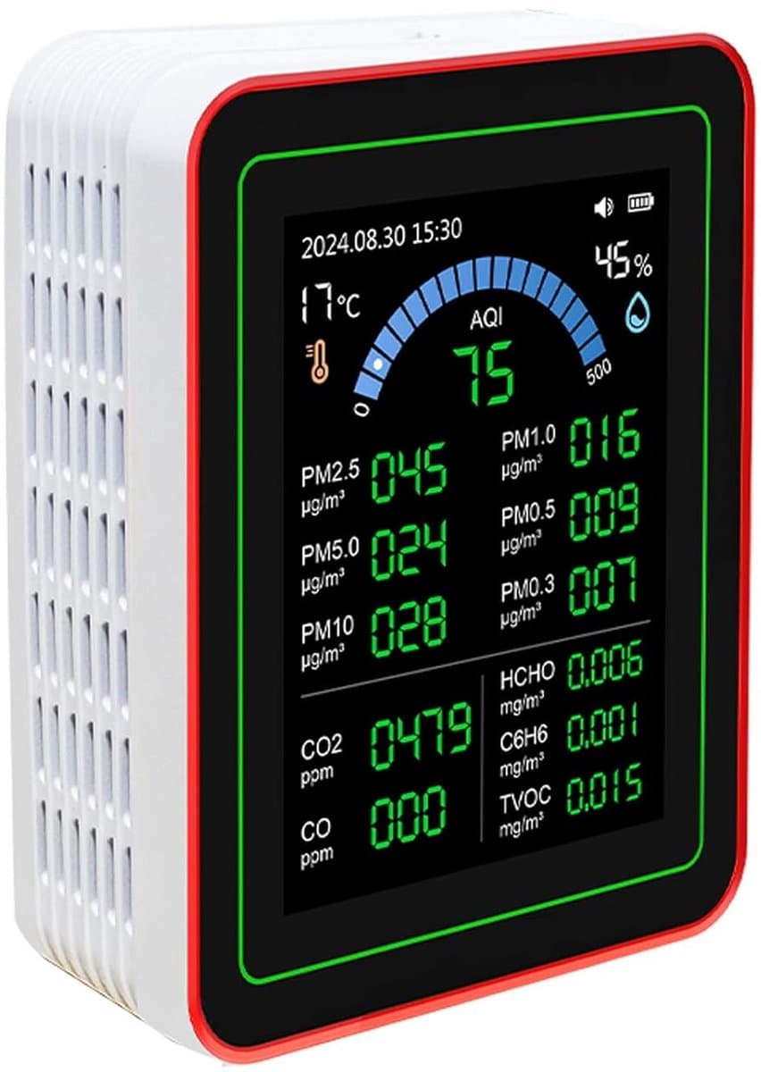 Luchtkwaliteitsmeter - Luchtmeter CO2 TVOC - Binnenklimaat Monitoren - 18-in-1 Functies - 2.8 inch HD Display - Wit