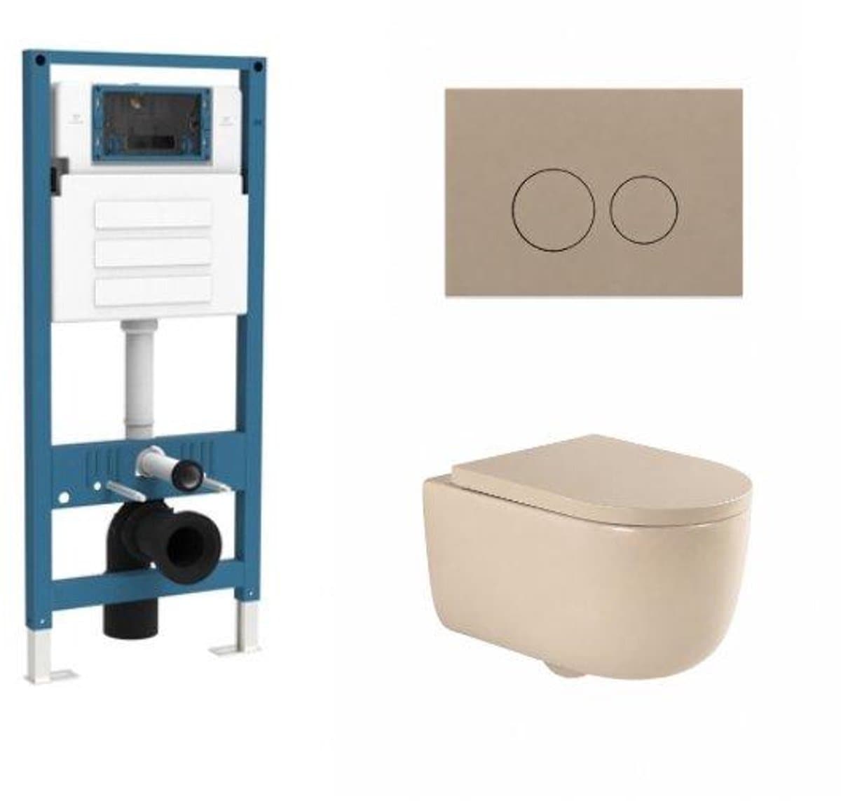 QeramiQ Dely Swirl Toiletset - inbouwreservoir Qeramiq Flush - 35mm zitting - kunststof taupe bedieningsplaat - ronde knoppen - beige