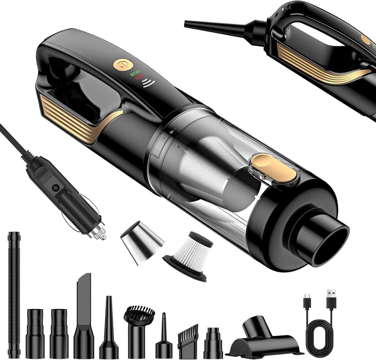Draagbare Kruimeldief - Auto Stofzuiger - Auto en Huis - 4-in-1 Functies - 27000 Pa Zuigkracht - Zwart