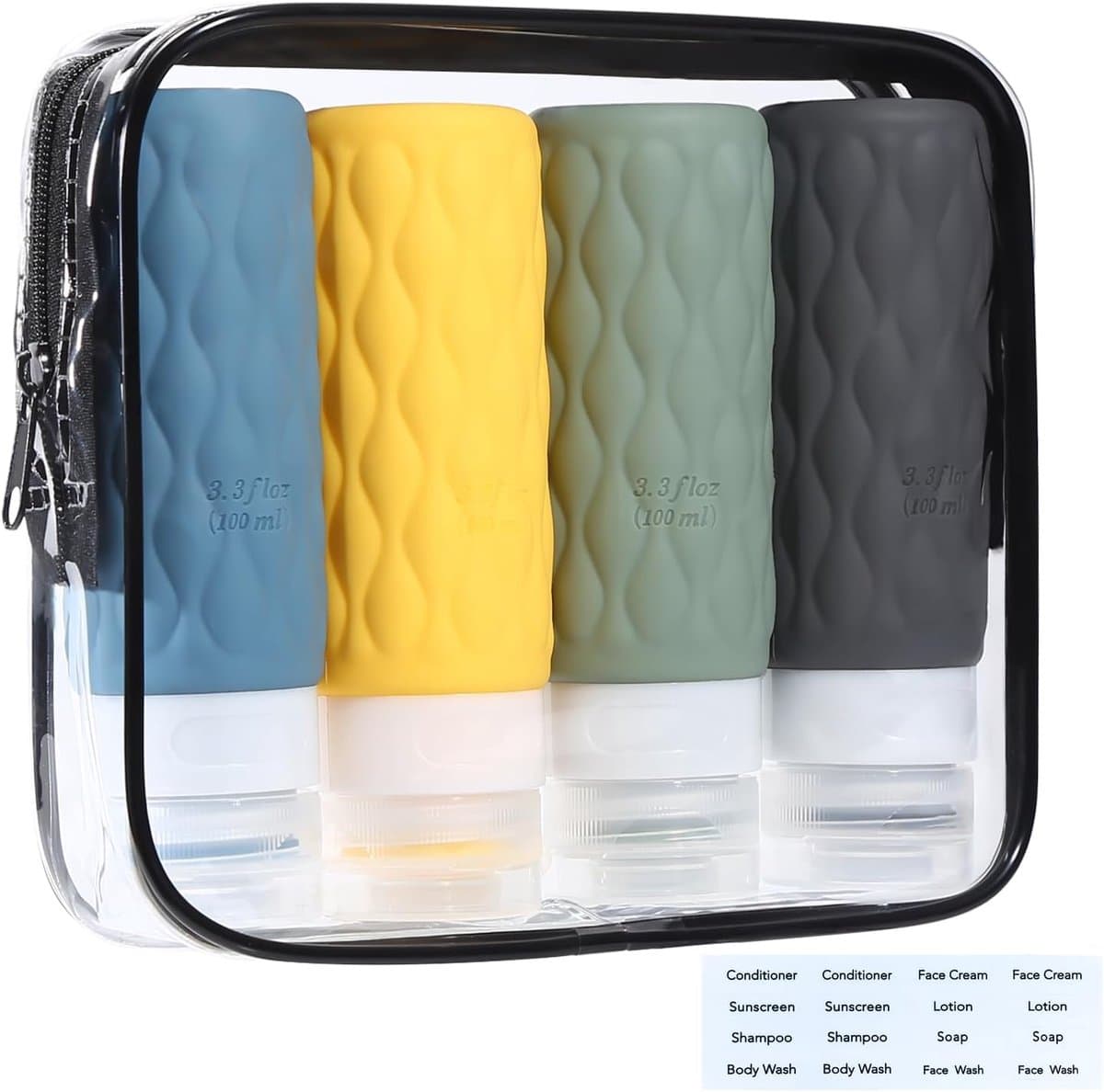 SnelShoppen - Silicone Travel Bottle Set 100 ml - Herbruikbare Reisflessen met Transparante Reiszak - BPA Vrij - TSA Goedgekeurd - Perfect voor Shampo