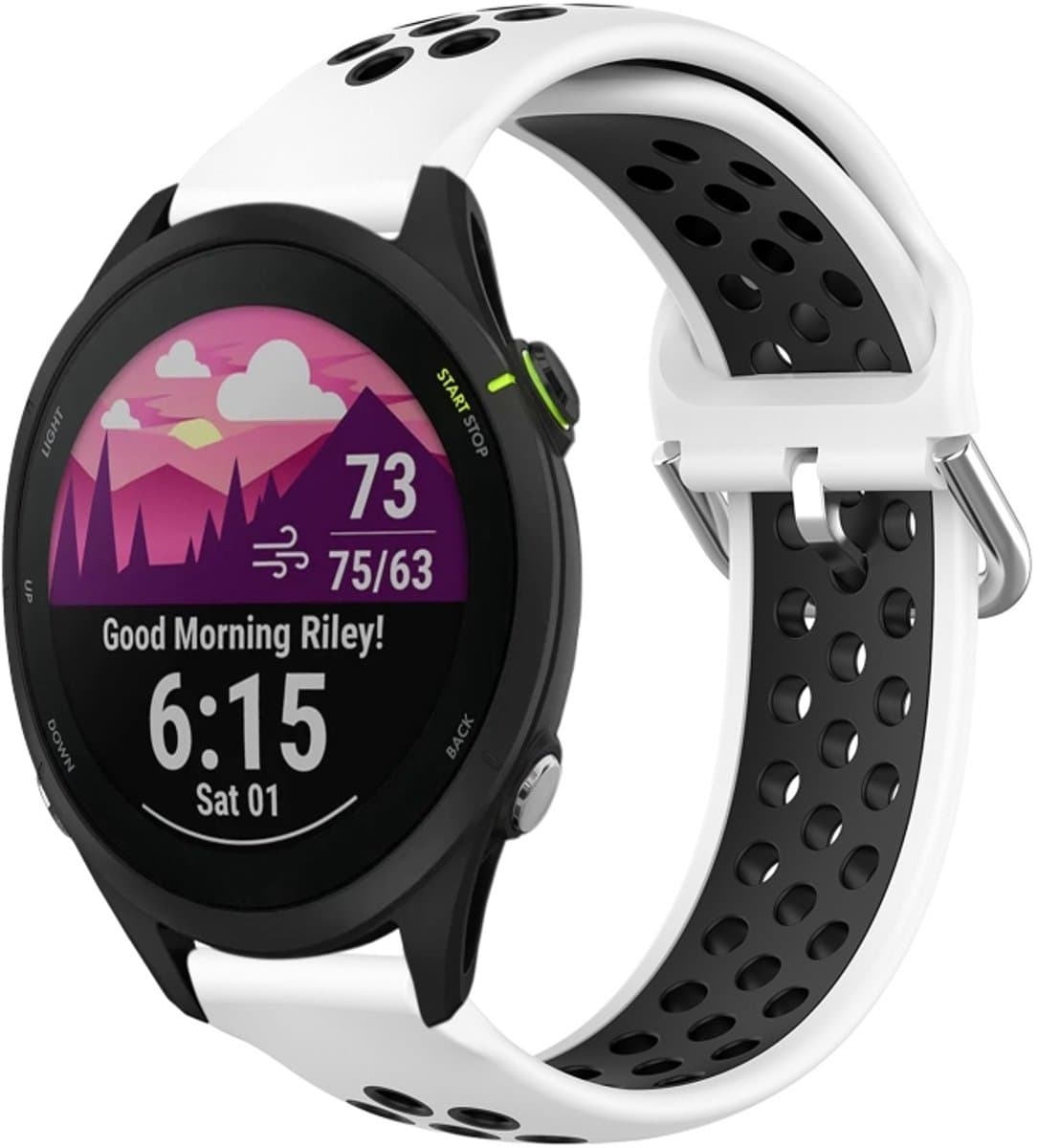 Voor Garmin Forerunner 255 22 mm geperforeerde ademende sport siliconen horlogeband (wit + zwart)