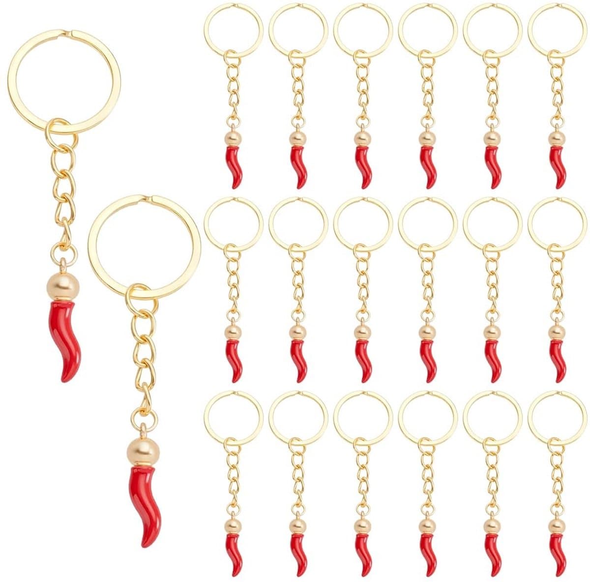 Dailygoods- Sleutelhanger Set van 20 - Italiaanse Hoorn - Duurzaam - Zinklegering - Amulet - 8 cm - Fluwelen Zakje - Souvenir