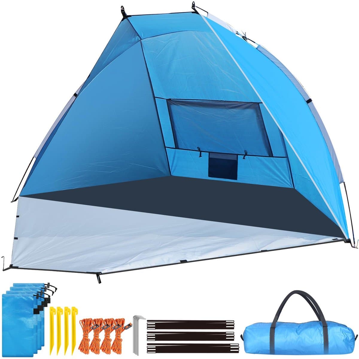 Famanu – Strandtent voor camping met zonwering en UV-bescherming, creatief ontwerp, ademend net, inclusief zandzakken, eenvoudig te monteren, ideaal voor buitengebruik