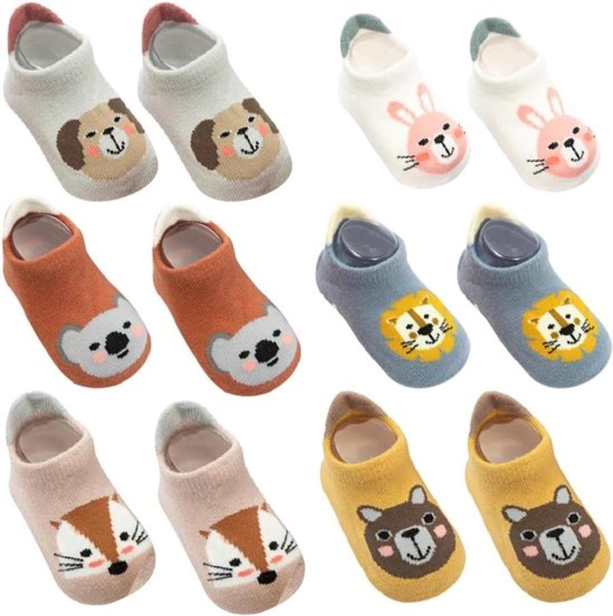 Baby- en Peutersokken - ABS Antislip - Dierenmotieven - Katoen - Geschikt voor Sneakers - Set van 6 warme sokjes