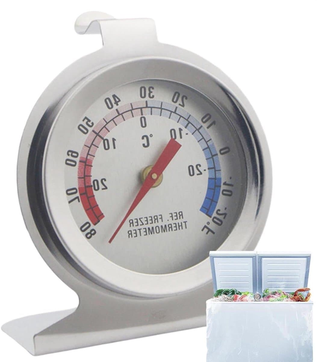 Temperatuurmeter Vriezer - Analoge Meter - Voedsel Bewaren - Roestbestendige Behuizing - 7.2 cm - Zilverkleurig