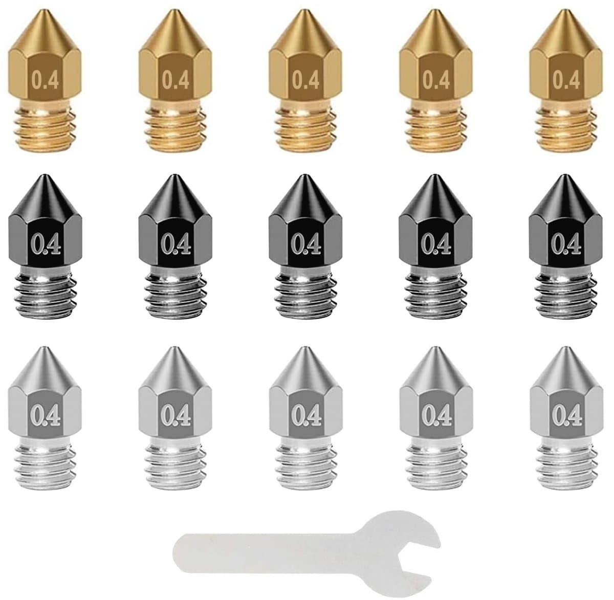 Dailygoody - MK8 Sproeiers - 15 stuks - Gehard staal - 0,4 mm - Messing en roestvrij staal - Voor 3D-printer - Anycubic Mega en Creality CR-10/Ender