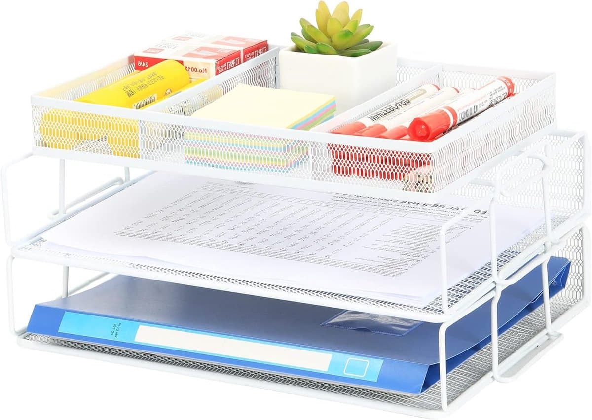 2-laags A4 Mesh Inlay Tray - Stapelbare Bureau Organizer voor Documenten, Tijdschriften en Kantoorbenodigdheden, Wit