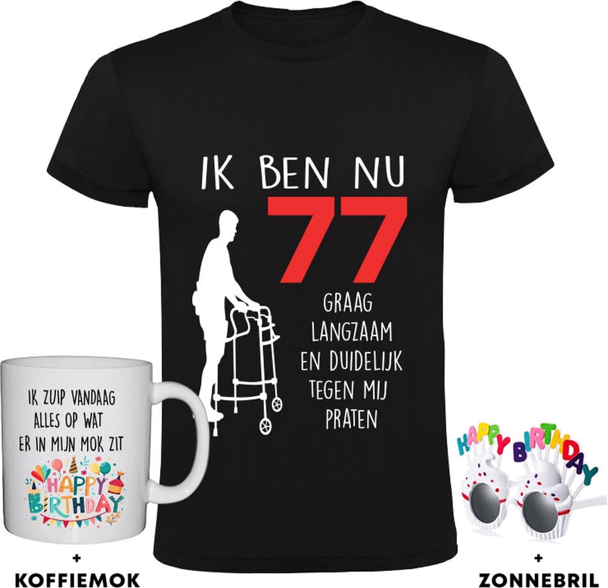 77 Jaar Verjaardag Heren T-shirt met Mok + Feestbril