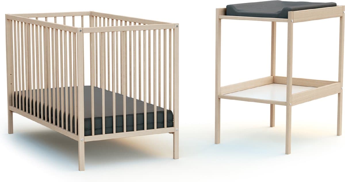 WEBABY Babykamerbed en luiertafel in hout Beuken onbewerkt MILO