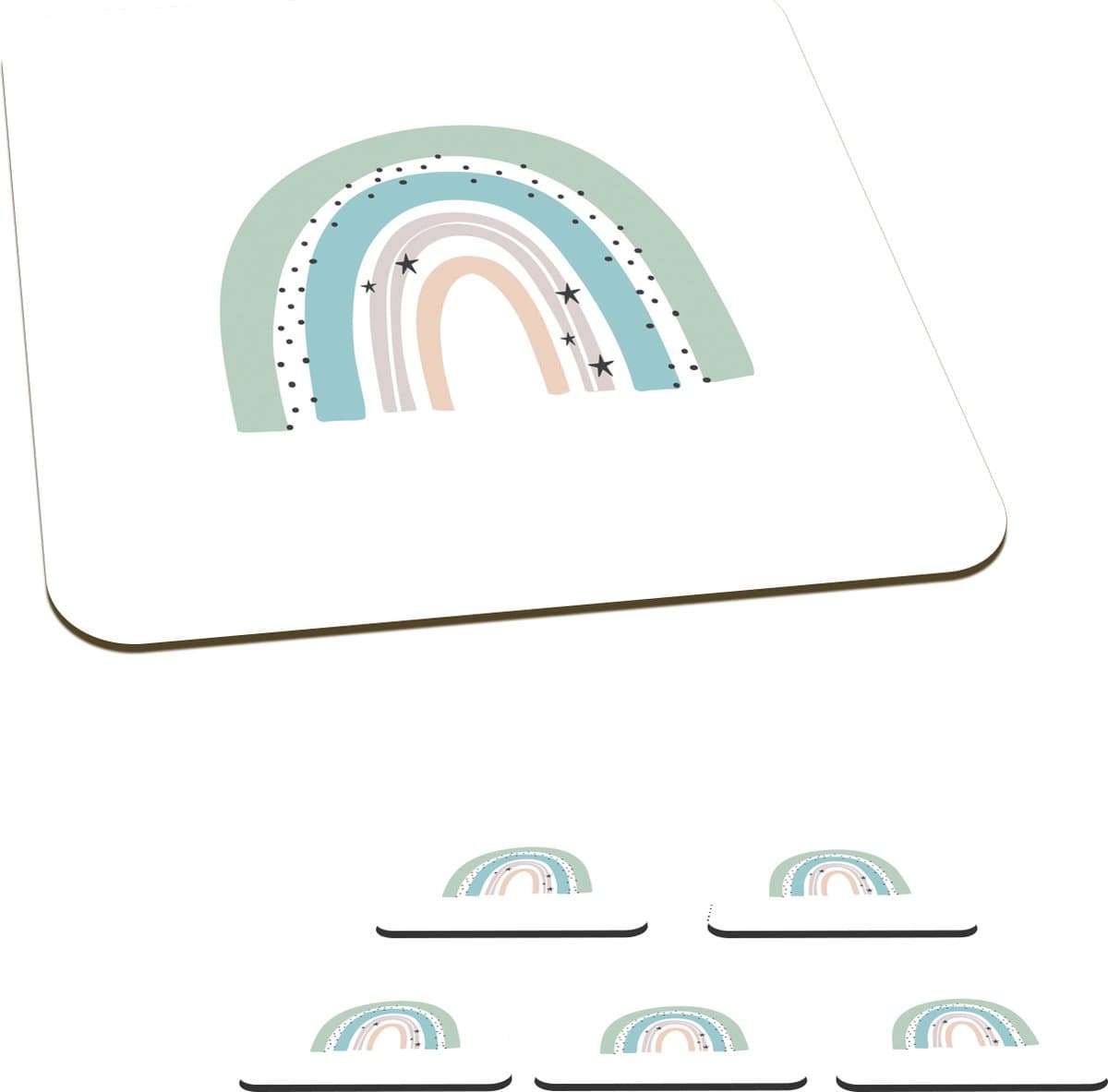 Onderzetters voor glazen - Regenboog - Kinderen - Sterren - Stippen - Pastel - 10x10 cm - Glasonderzetters - 6 stuks