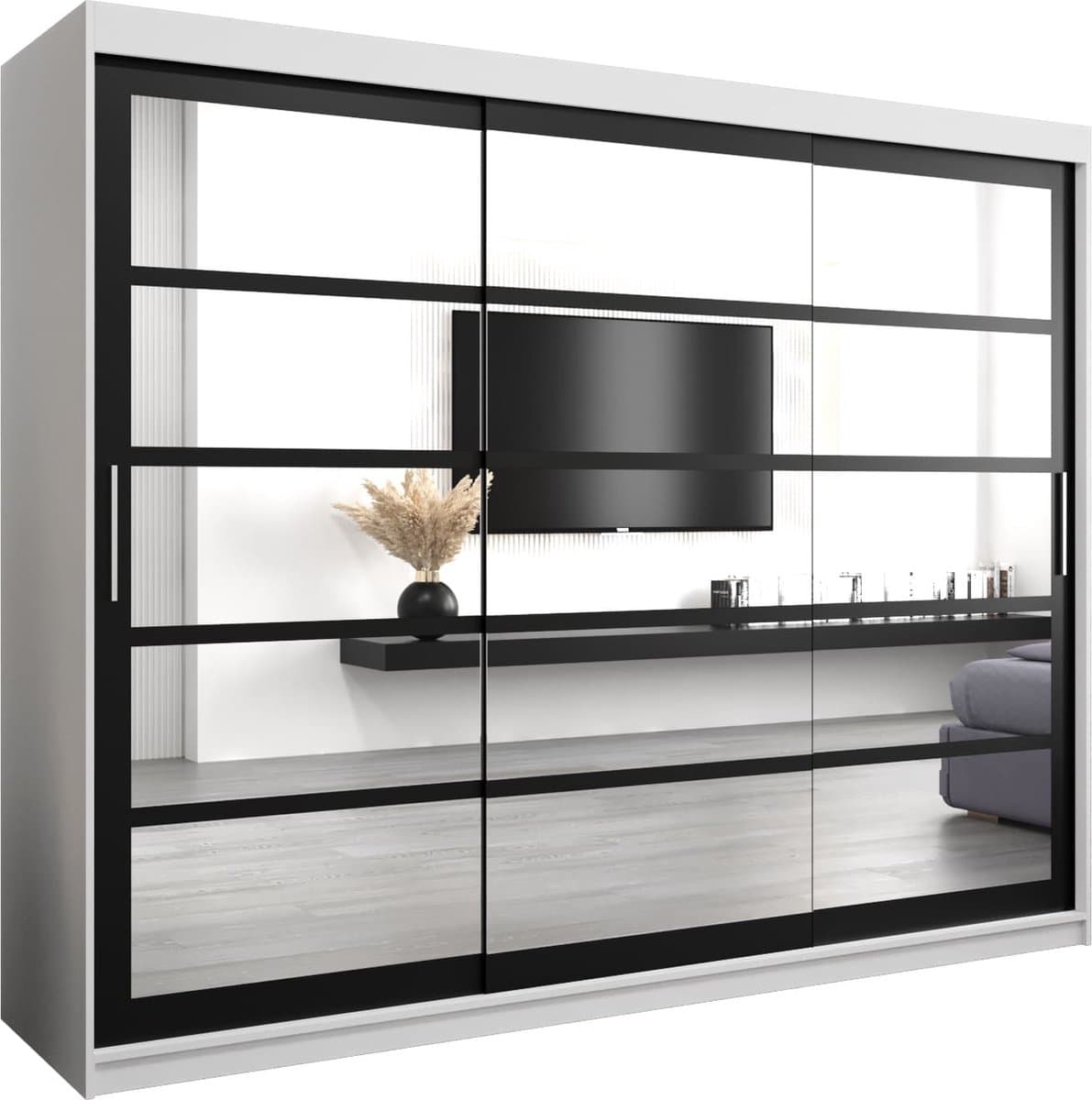 InspireMe - Kledingkast met 3 schuifdeuren, Modern-stijl, Een kledingkast met planken en een spiegel (BxHxD): 250x200x62 - VENEZIA II 250 Wit Mat + Zwart mat 4 lades