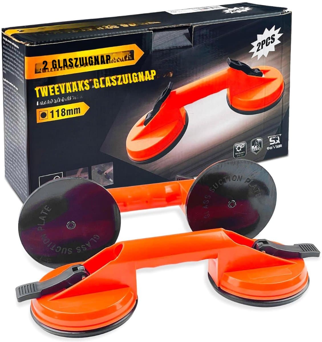 Zyrex® Tegeltiller – Tot 100 KG - Tegeldrager – Verpakking van 2 - Tegellifter - Oranje - 33cm x 18cm x 9cm