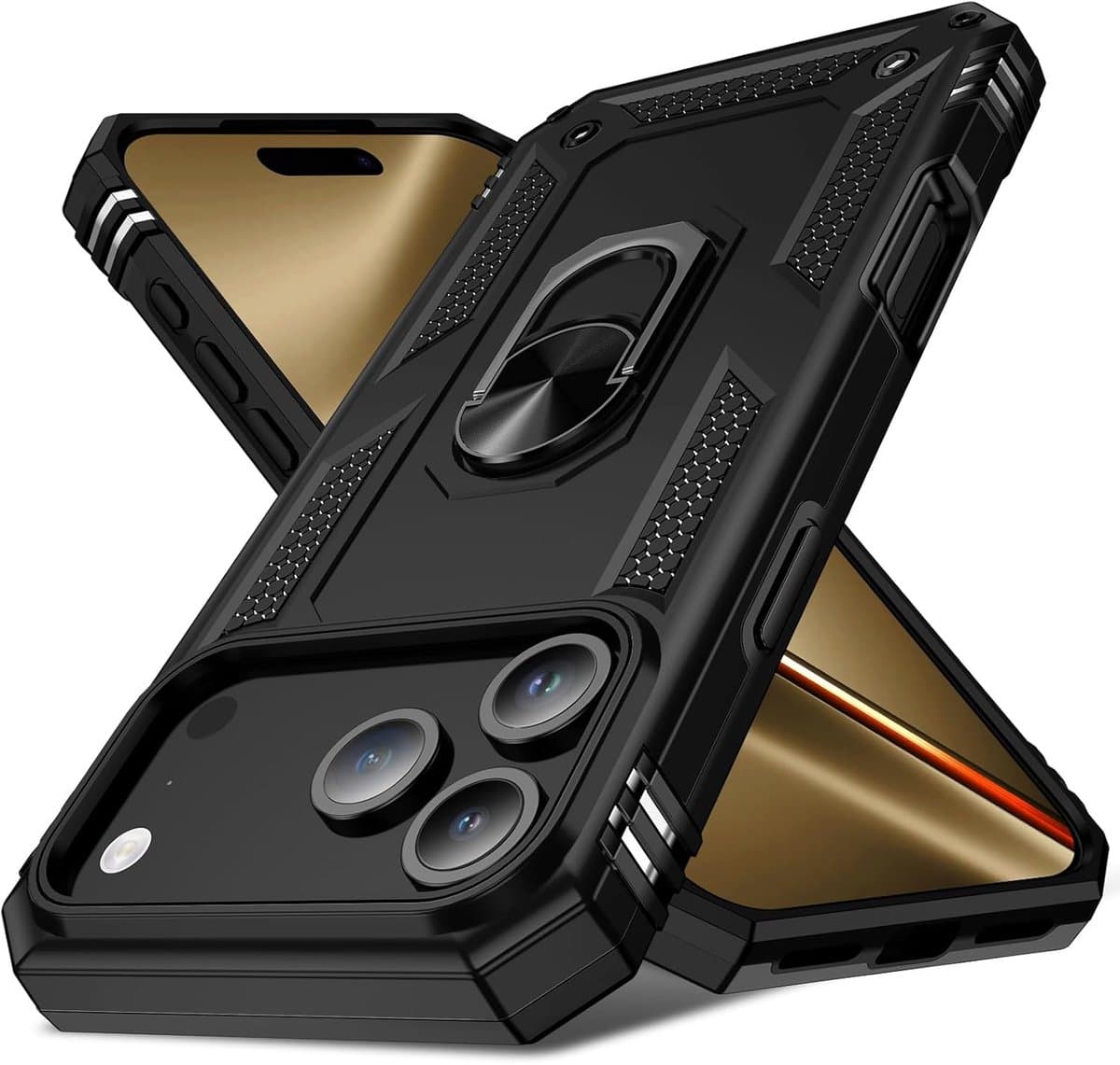 AziLine Armor Hoesje Geschikt voor Apple iPhone 17 Pro - Zwart Premium Kickstand ShockProof Hoesje - Extreme Phone 17 Pro Backcover - Ultra Luxe Hybrid Armour - 360° Rotating Ring Grip Kickstand
