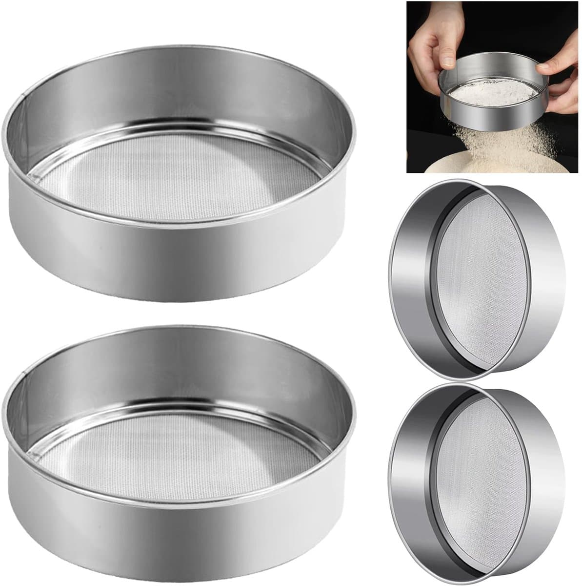 4Pcs Flour Strainer, Round Flour Gauze Strainer Stainless Steel Mesh Flower Sieve Durable Kitchen Sugar Shaker Sieve Great for Sieving Flour Baking Powder Salt Cocoa Powder or Powdered Sugar