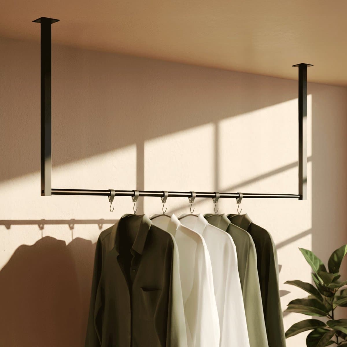 CLP Fenton Kledingstang - kledingstandaard - kledingroede - garderobestang - kleding stang - voor plafondmontage - met 6 haken - zwart