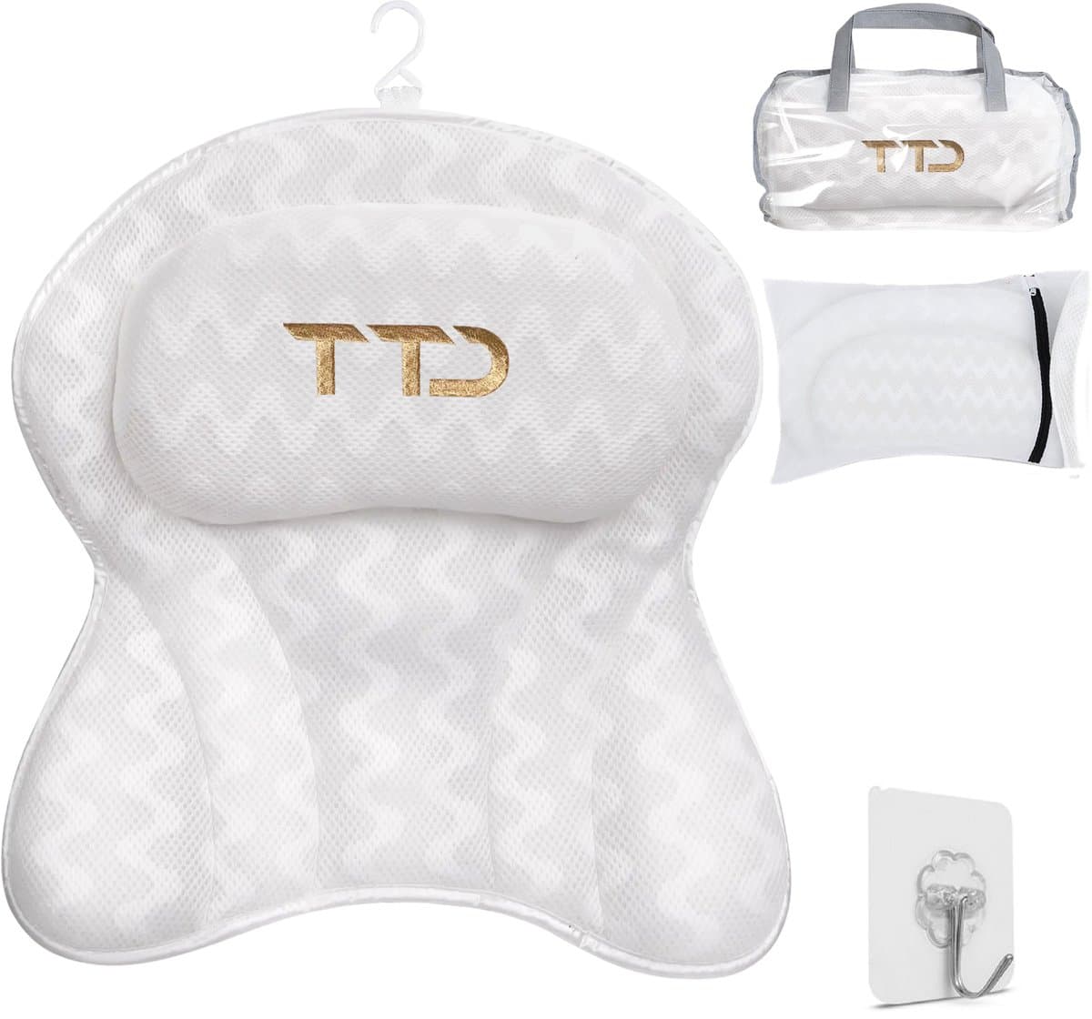 TTD® Luxe Badkussen - Ergonomisch Nekkussen met Hoofdsteun voor in Bad - 6 Sterke Zuignappen voor Fixatie - 5D Air Mesh Stof - Wasbaar in Wasmachine - Inclusief Waszak en Reistas