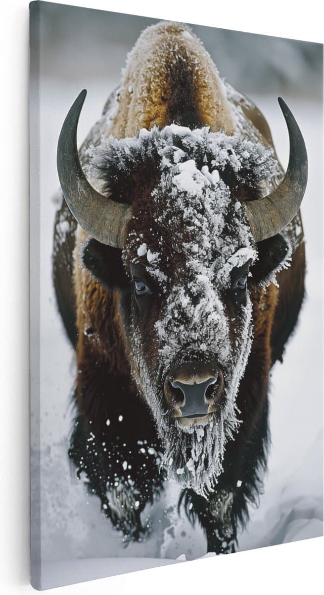 Artaza Canvas Schilderij Bizons in de Sneeuw - Dieren - 60x90 cm - Wanddecoratie Woonkamer - Schilderijen - Muurdecoratie