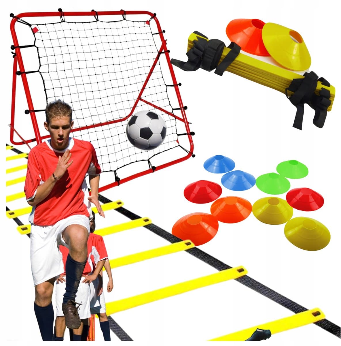 Voetbaltrainingsset: coördinatieladder, kegels en rebounder