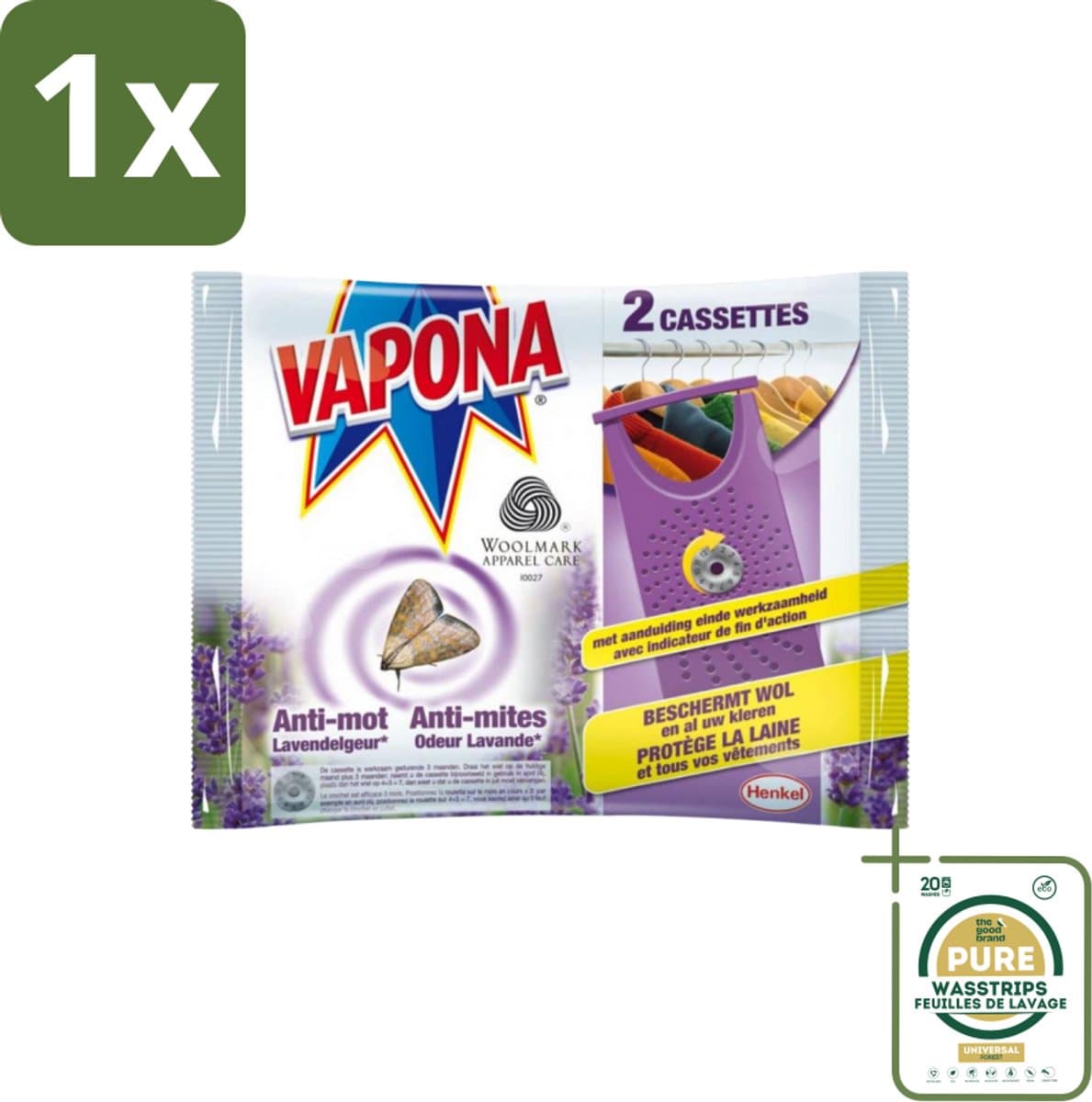 1 x Vapona - Anti-Mot Cassettes - Lavendel - KledingBescherming - 2 Cassettes- Mottenbestrijding - Kastbescherming - Mottenbestrijdingsmiddel - Garderobekast - Ladebescherming