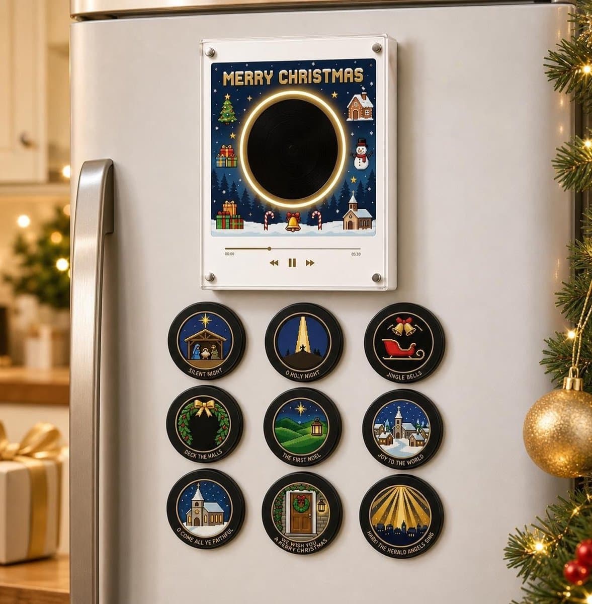 Magnetische Muziekspeler - Magnetische Kerst Muziekdoos voor Koelkast - Met 9 NFC Mini Vinylplaten - Oplaadbaar via USB-C - Feestelijke Kerstdecoratie - Uniek Verzamelcadeau voor Kerstliefhebbers - Magnetische Vinylspeler - Stijl B