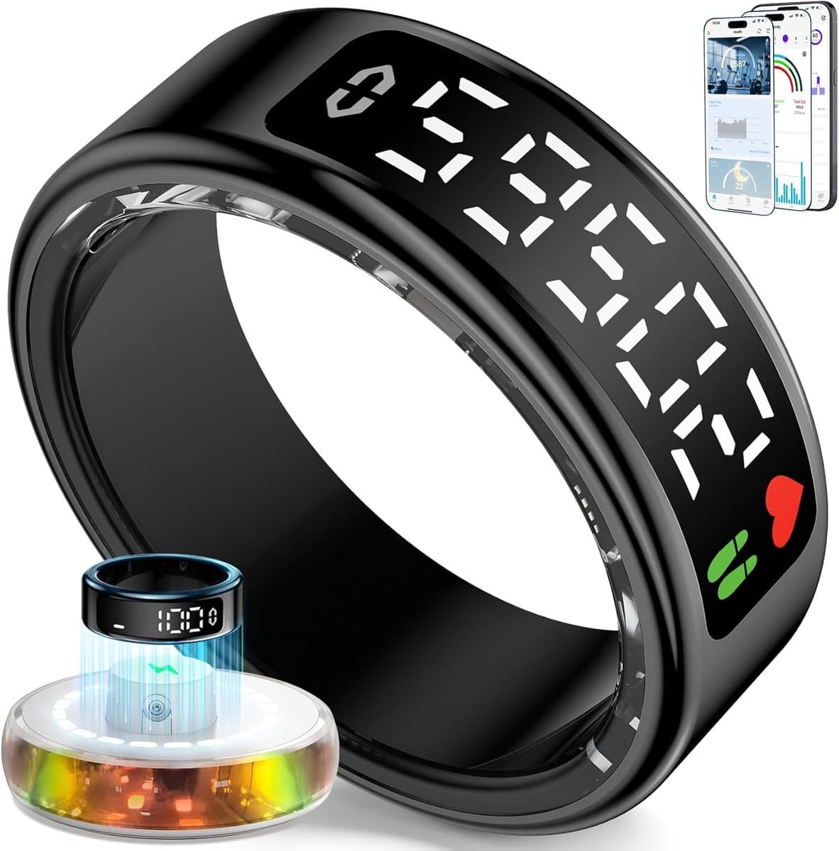 Ring voor Mannen en Vrouwen, 2026 Smart Ring met LED Scherm, IP68 waterdicht, Fitness Tracker voor het monitoren van de pulsmeter/SpO2/HRV, compatibel met iOS en Android (Zwart, 8)