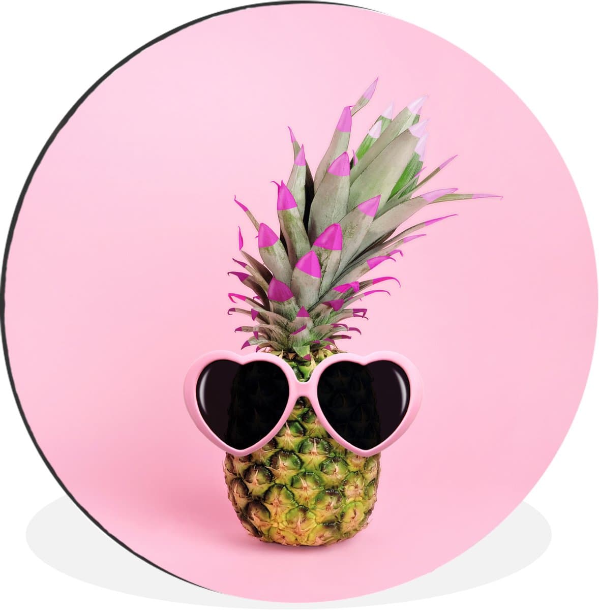 WallCircle - Wandcirkel - Muurcirkel - Een ananas tegen een roze achtergrond met een zonnebril - Aluminium - Dibond - 30x30 cm - Binnen en Buiten