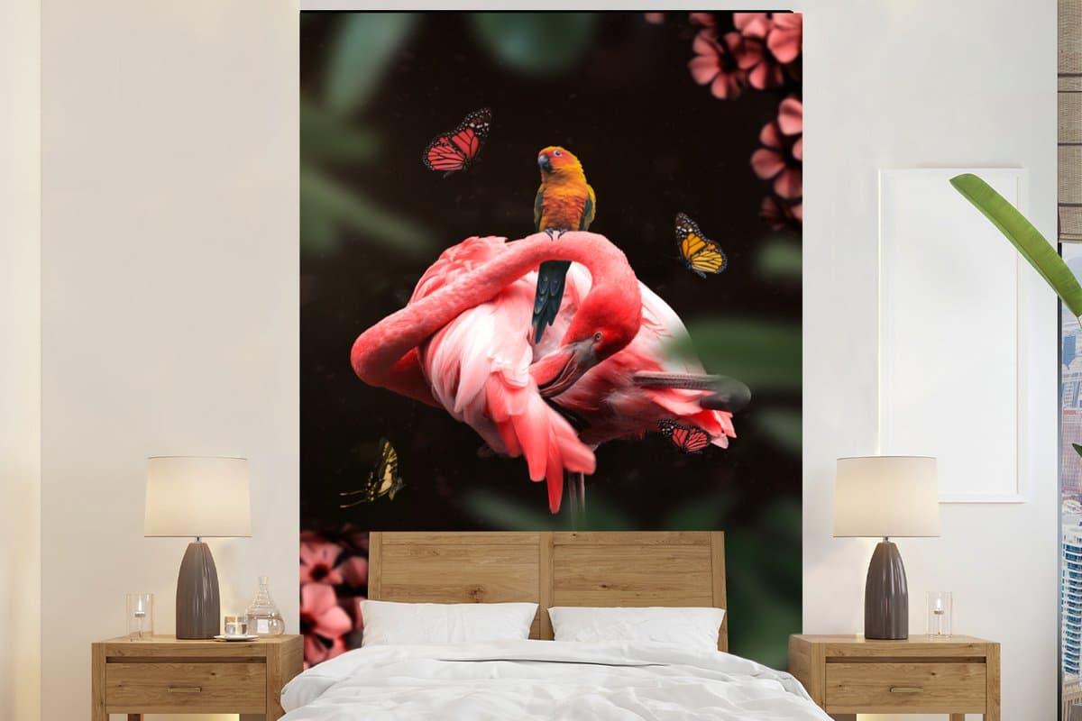 Behang - Fotobehang Jungle - Flamingo - Papegaai - Vlinder - Breedte 145 cm x hoogte 220 cm