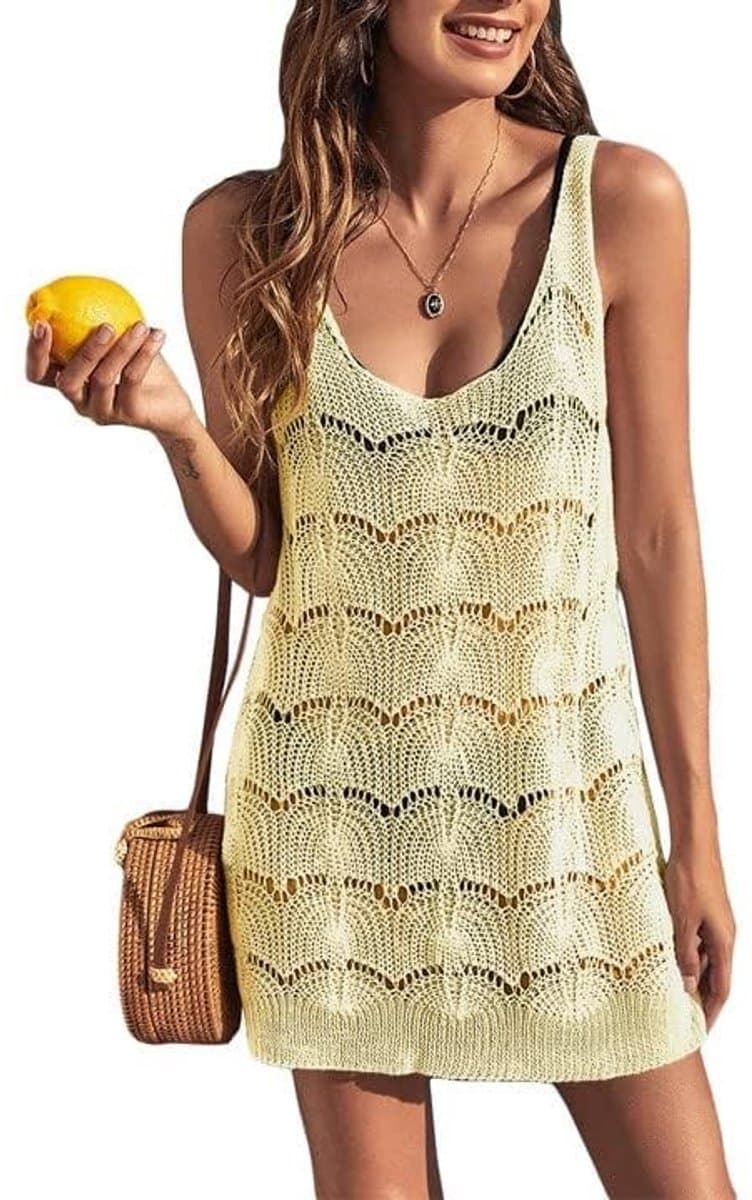Dailygoods- Jurk Mouwloos - Sexy Strandjurk - Boho Jurk - Doorzichtig Mesh - Korte Jersey Jurk - 100% Polyacryl, Ademend Materiaal - Strandoutfit
