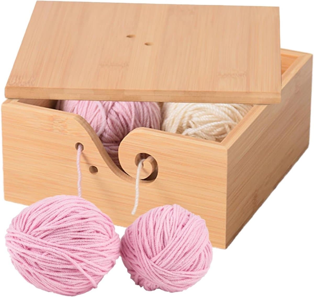 Houten Garenschaal, Handgemaakt met Gaten, 18 x 18 x 9 cm, Ideaal voor Breien en Haken, Organisator voor Haakaccessoires, Decoratie voor Thuis, Perfect Cadeau voor Breiliefhebbers