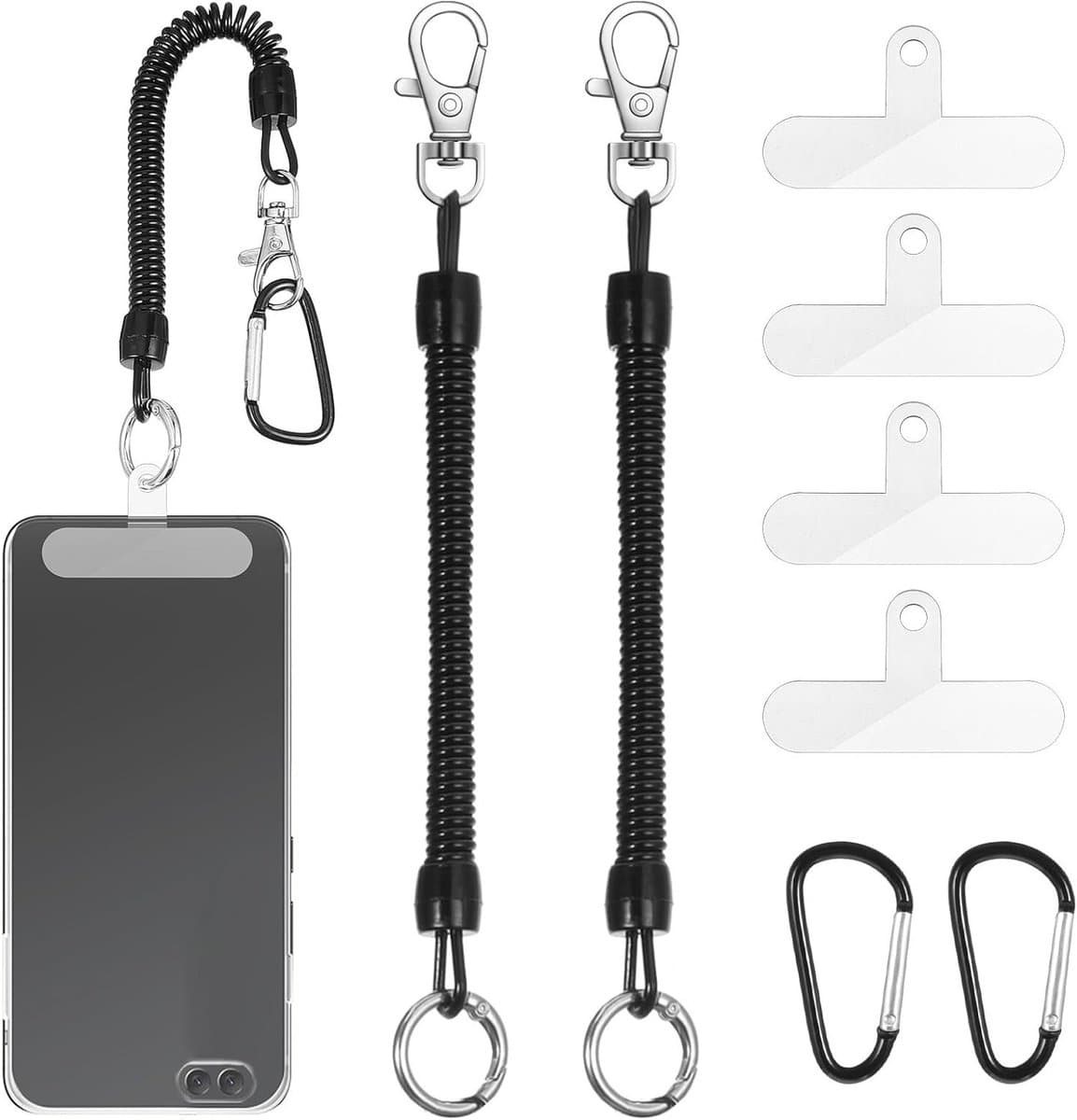 2-Pack Zwarte Telefoon Lanyards met Veerkoord, Anti-val Lanyard met 4 Patches en 2 Carabiners voor Outdoor Activiteiten, Wandelen en Klimmen, Geschikt voor de meeste Smartphones