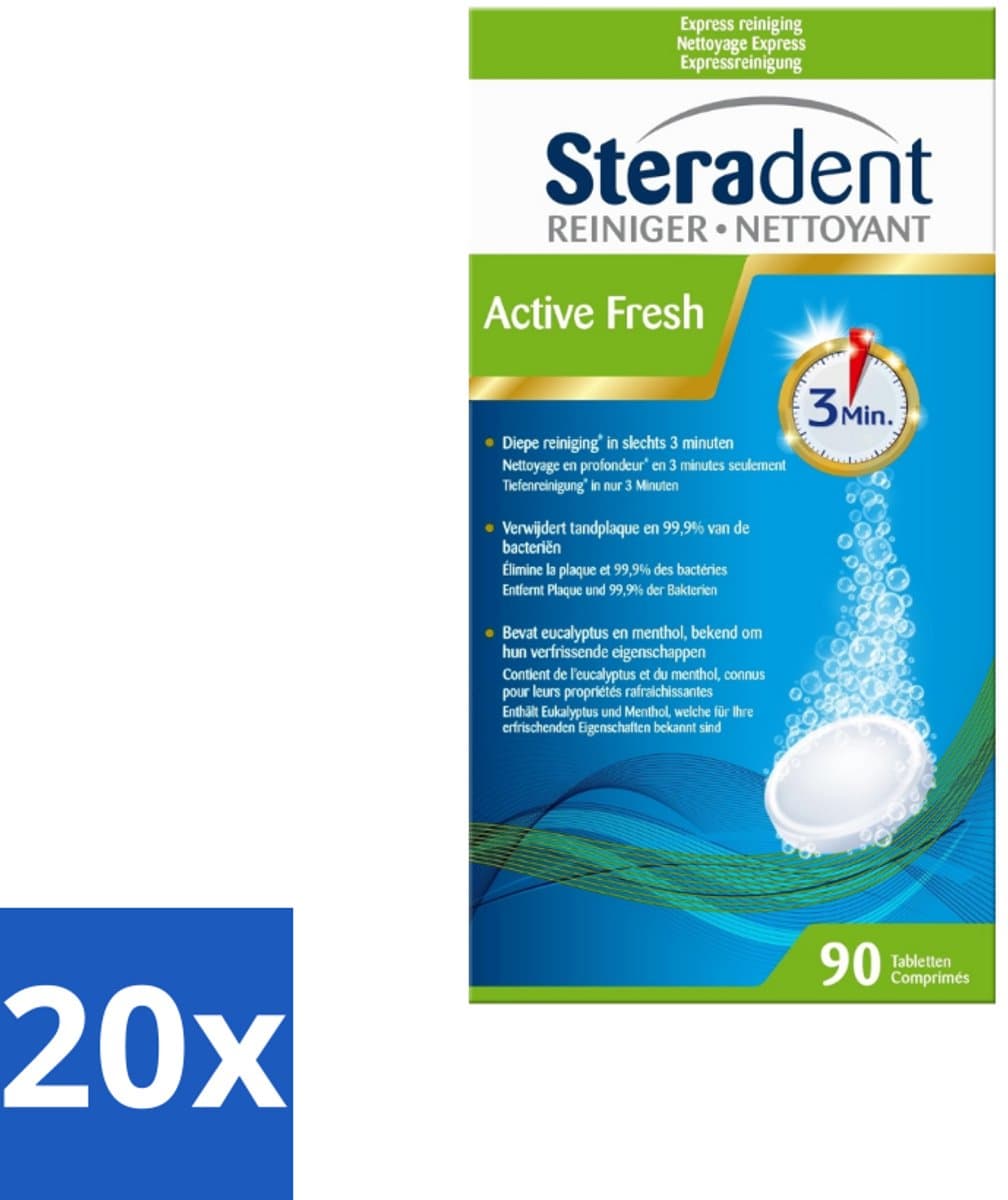 Steradent - Kunstgebitreiniger - Active Fresh - Menthol En Eucalyptus - 90 Tabletten - Bulkverpakking - 20 stuks