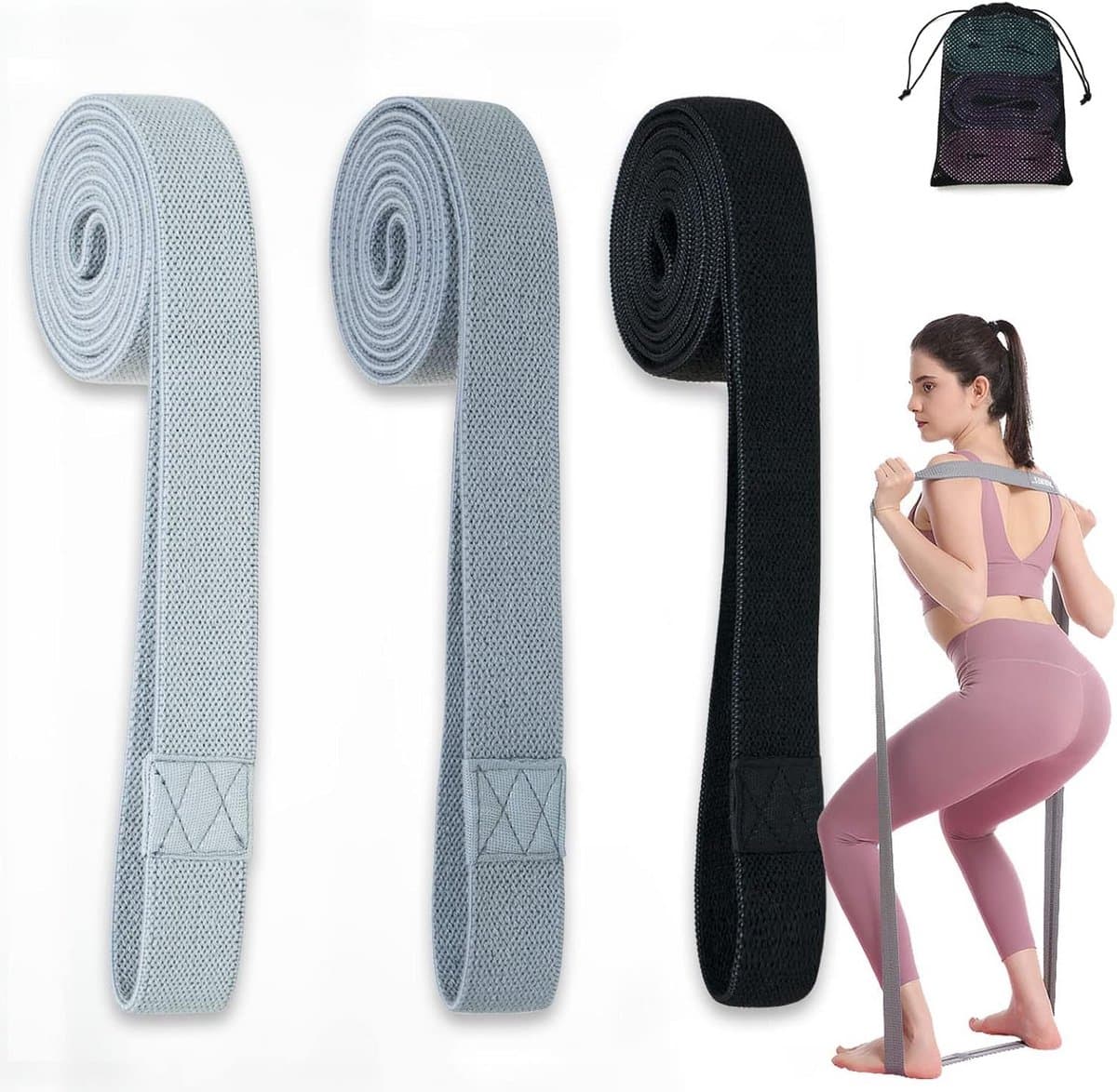 JIGOOPLEY Fitnessbanden, lang, stof, trainingsbanden, pilates, set van 3, antislip sportbanden, gymnastiekbanden, weerstandsbanden, krachttraining, fitnessband, stretchband, fitness workout