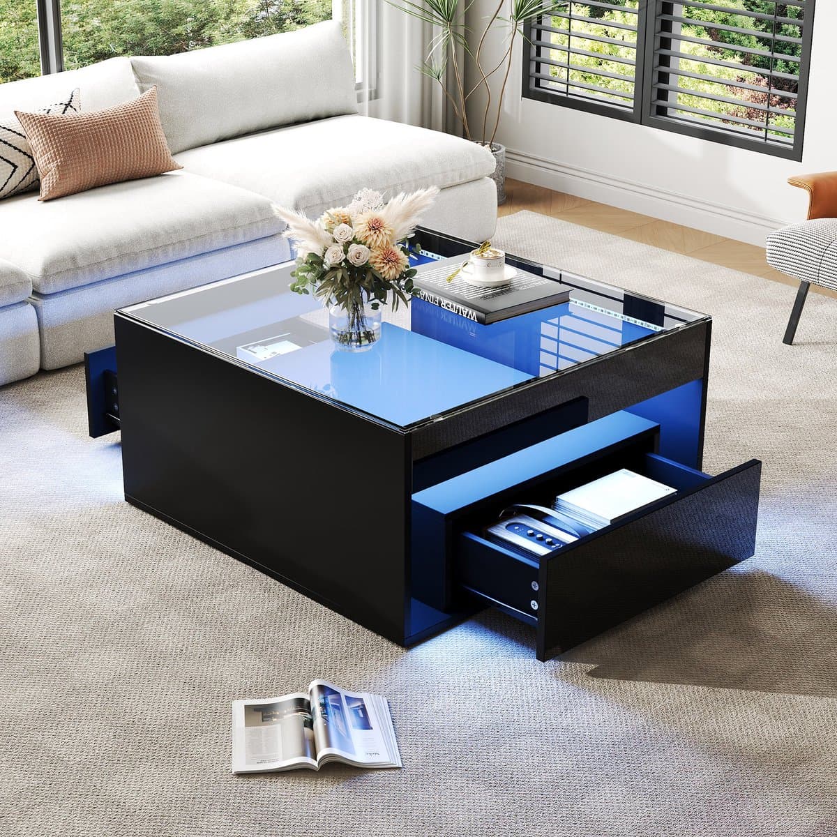 HAUSS SPOLE Salontafel - Veiligheidsglas Met Appgestuurde Ledverlichting - Met 2 Lades En Open Vak - Hoogglans Zwart MDF - 70x70x35 Cm