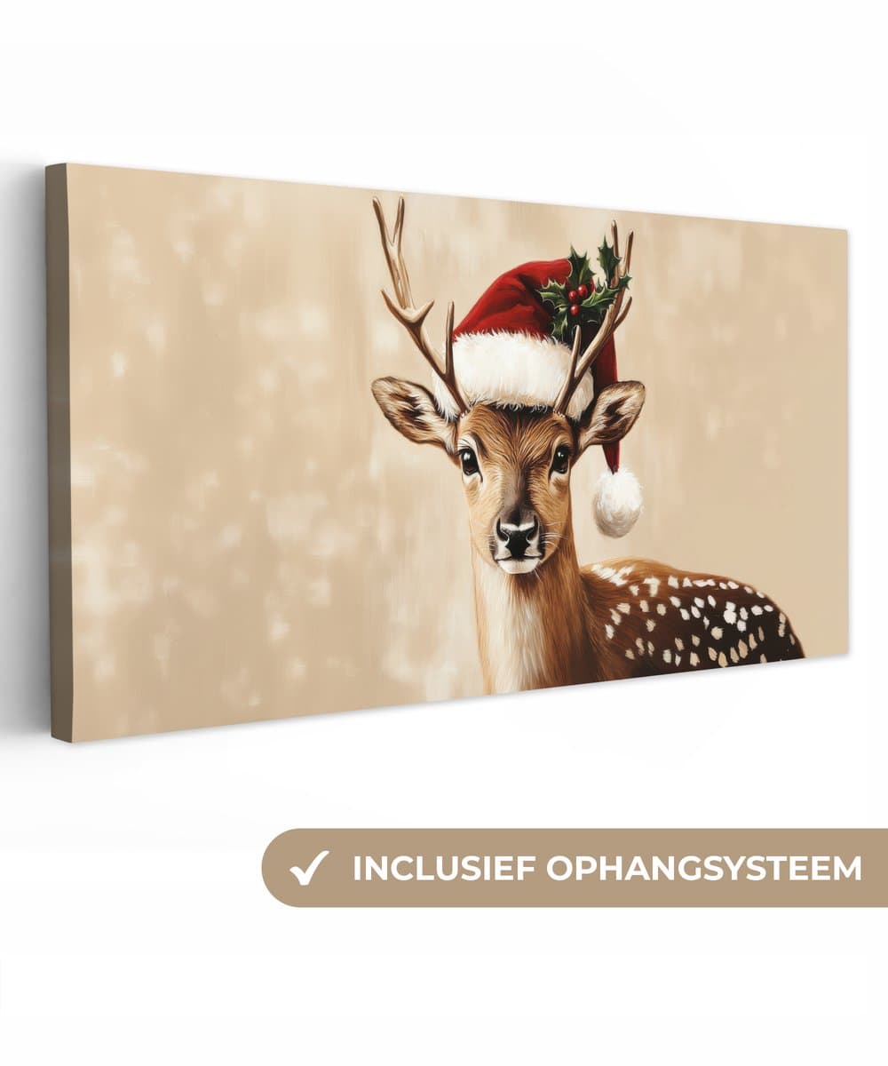 Canvas schilderij 80x40 cm - Exclusieve wanddecoratie Kerst - Hert - Gewei - Rood - Muurdecoratie woonkamer - Kamer decoratie - Schilderijen op canvas - Kerstdecoratie voor binnen - Kerstversiering - Kerstmis versiering