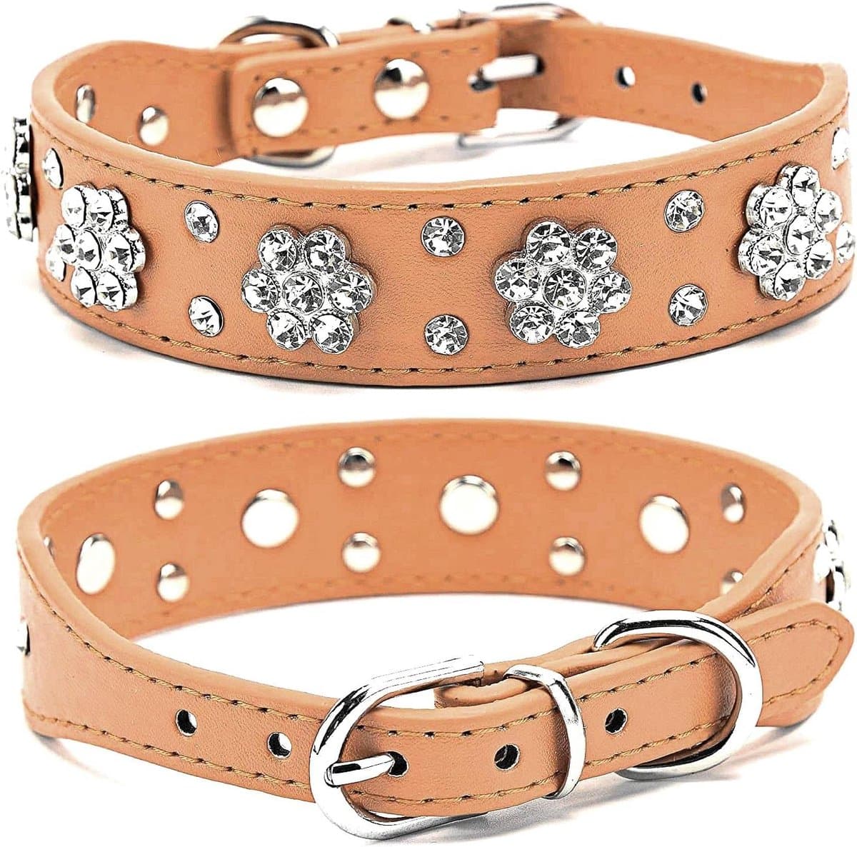 ByShane - Schattige bloem halsband met strass voor katten - Bling kraag van PU leder - Verstelbare maten - Geschikt voor klein, middelgroot en groot - Bruin (M)