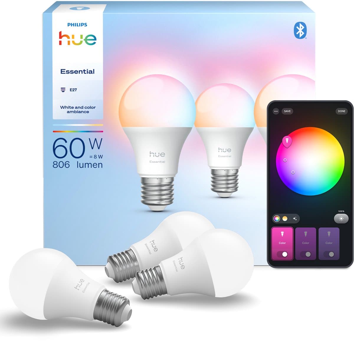 Philips Hue Essential A60 White and Color E27 3-pack