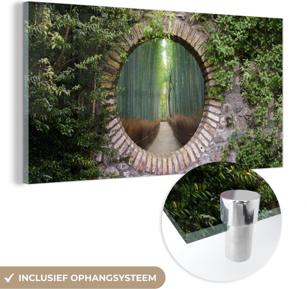 MuchoWow® Glasschilderij 40x20 cm - Schilderij acrylglas - Bamboe - Bos - Japans - Doorkijk - Foto op glas - Schilderijen
