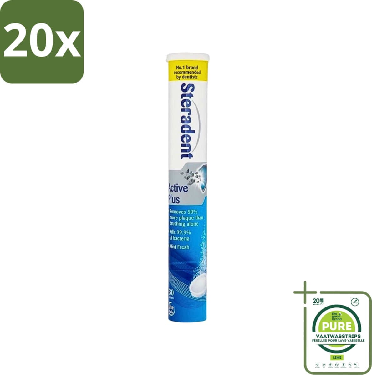 20 x Steradent - Reinigingstabletten - Active Plus - Tegen Tandsteen & Bacteriën - 30 Tabletten - Grootverpakking - Kunstgebit Reiniging - Tandsteen Verwijderen - Bacteriën Doden - Mondhygiëne - Kunstgebit Tabletten