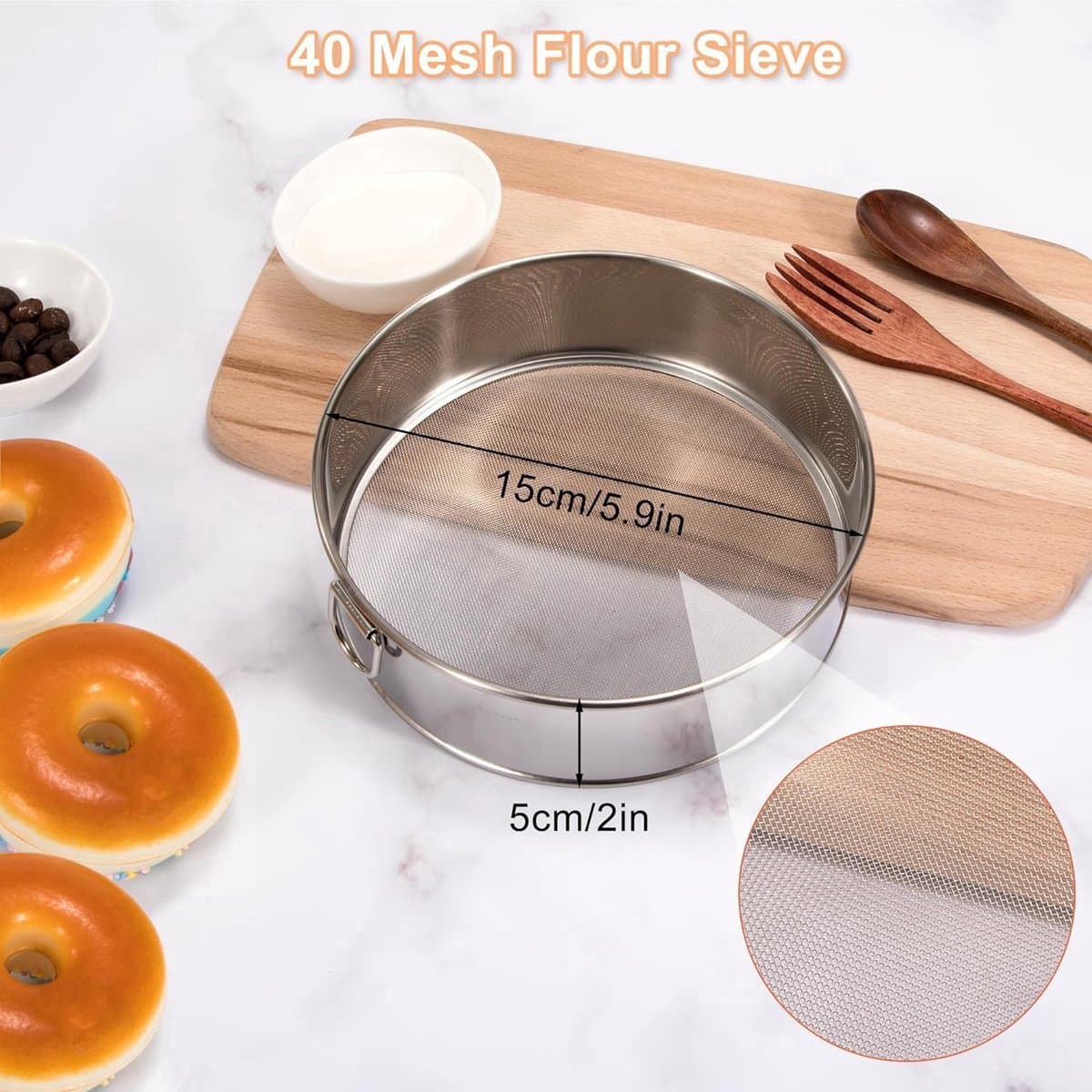 Stunq® Meelzeef 304 roestvrij staal, meelzeef 40/60 mesh, fijnmazige zeef voor meel, poedersuiker, cacaopoeder, rijst, granen, 2 stuks, 15/20 cm
