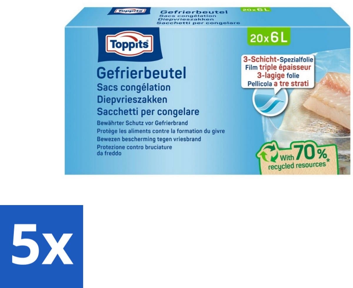 Toppits – Diepvrieszakken – 6 Liter – 20 Zakjes - Bulkverpakking - 5 stuks