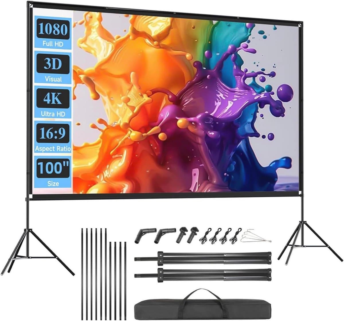 Opvouwbaar 100 inch projectiescherm voor buiten met statief - 16:9 HD filmscherm voor tuinfesten en binnenbioscoop