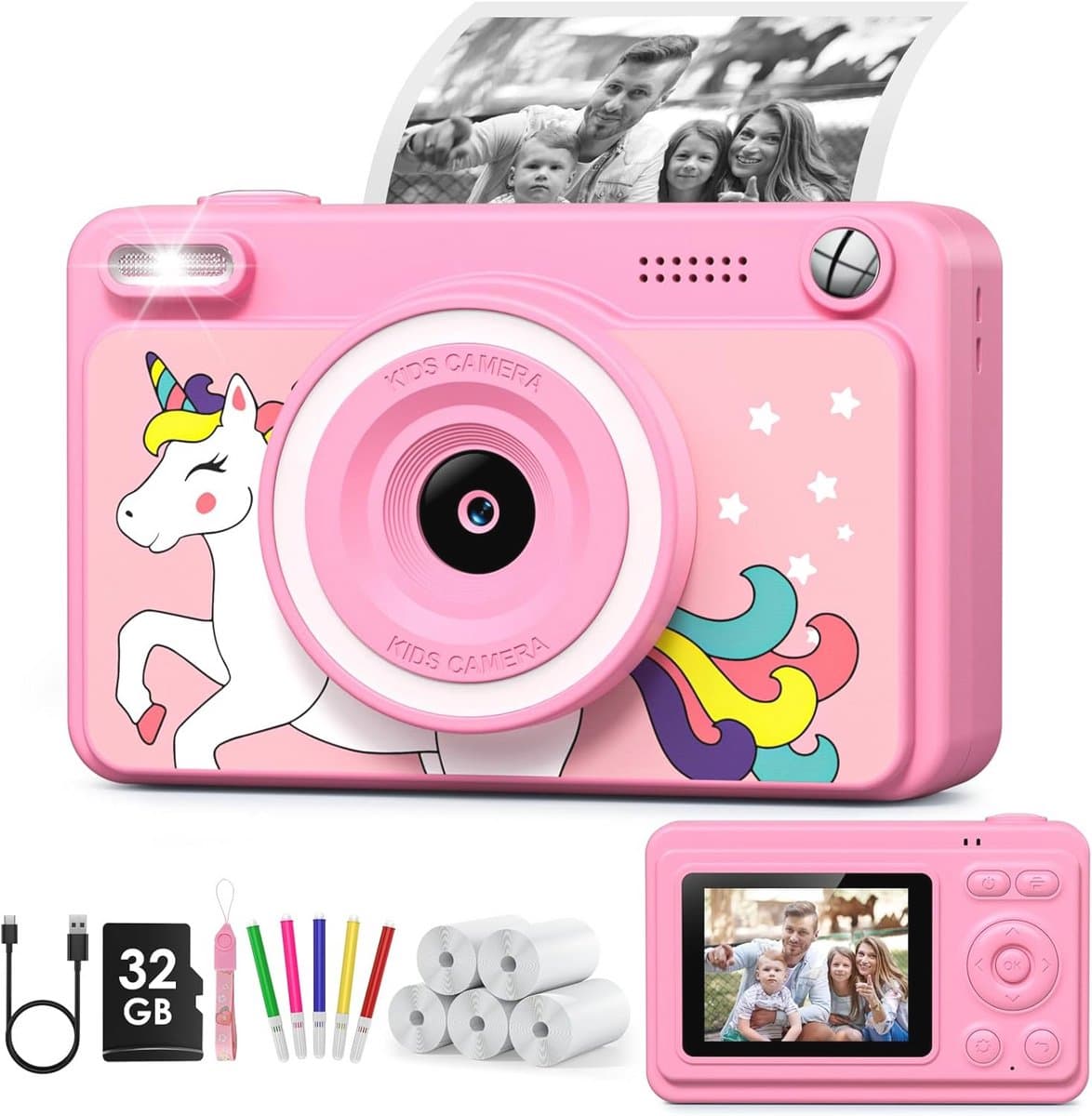 Instantcamera voor Kinderen met 2,4 inch Scherm, 32 GB en 5 Rollen Printpapier - Cadeau voor Jongens en Meisjes van 3-14 Jaar