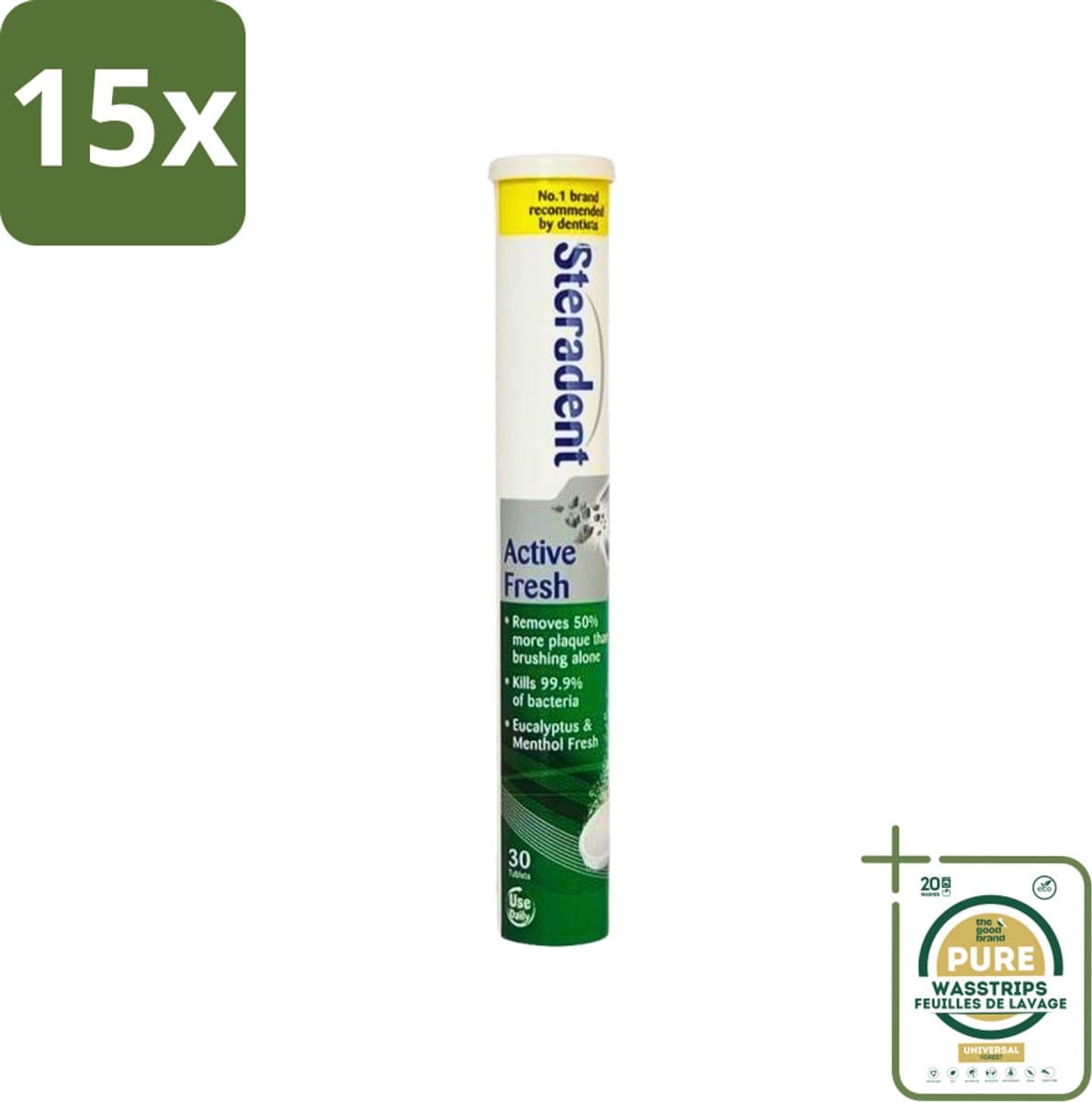 15 x Steradent Kunstgebit Reinigingstabletten Active Fresh Plus 30 tabletten - Grootverpakking - Kunstgebit Reinigen - Kunstgebit Reinigingstabletten - Kunstgebit Reinigen 3 Minuten - Tandsteen Verwijderen - Frisse Adem
