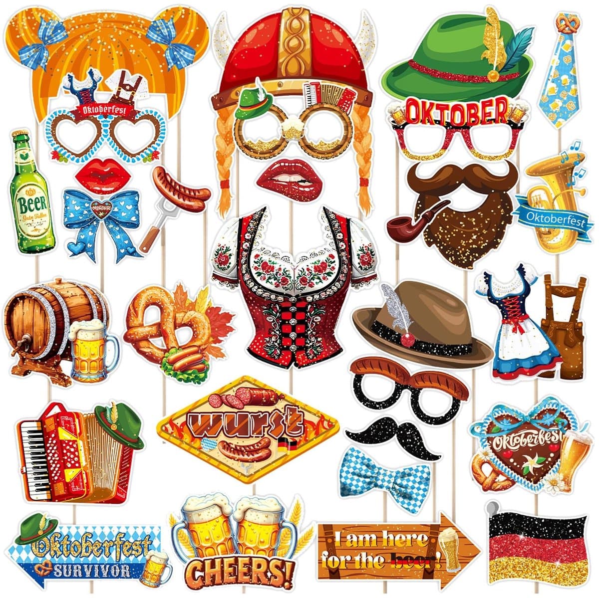 Oktoberfest Decoratie, 30 Stukken Accessoires voor Feestjes, Grappige Beierse Props voor Foto's, Glazen, Pretzels, Bratwursten en Dirndls voor een Feestelijke Sfeer
